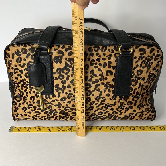 Fossil Black Leather Leopard Cheetah Print Handbag Satchel - Picture 8 of 16